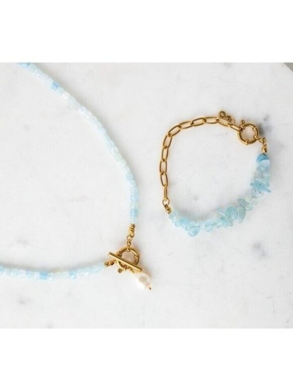 GORGEOUS Aquamarine Beaded Necklace w/Gold Toggle Clasp & Pearl, Reversible - Picture 10 of 11